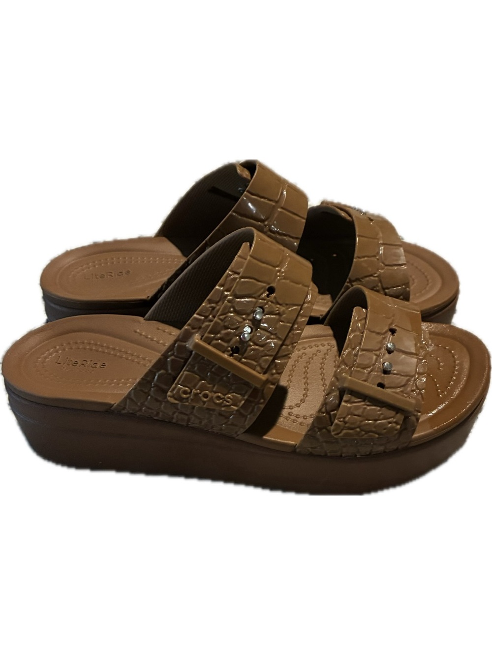 Crocs Brooklyn Buckle Low Wedge in brown with crocodile-pattern Size 9